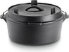 A black cast iron Dutch oven with a lid. The pot has two handles on the sides and the lid has a handle on top. The Napoleon logo is visible on the lid. The pot is sitting on a white background.