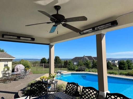 Outdoor patio with pool, chairs, and a ceiling heater on a clear day.