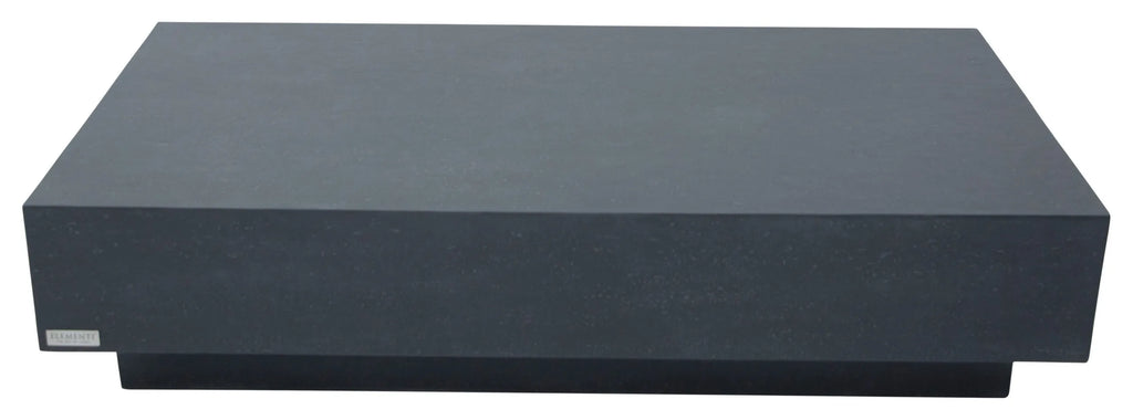 A top-down, slightly angled view showcases a large, rectangular coffee table with a modern, minimalist design. The table appears to be constructed from a dark, slate-black concrete coffee table