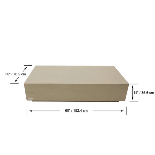 A sunlight yellow rectangular Elementi Home Colorado 60" Large Concrete Coffee Table is shown with overlaid dimension lines indicating a length of 60 inches, a width of 30 inches, and a height of 14 inches.