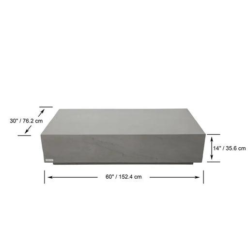 A grey rectangular Elementi Home Colorado L60 Concrete Coffee Table is shown with overlaid dimension lines indicating a length of 60 inches, a width of 30 inches, and a height of 14 inches.