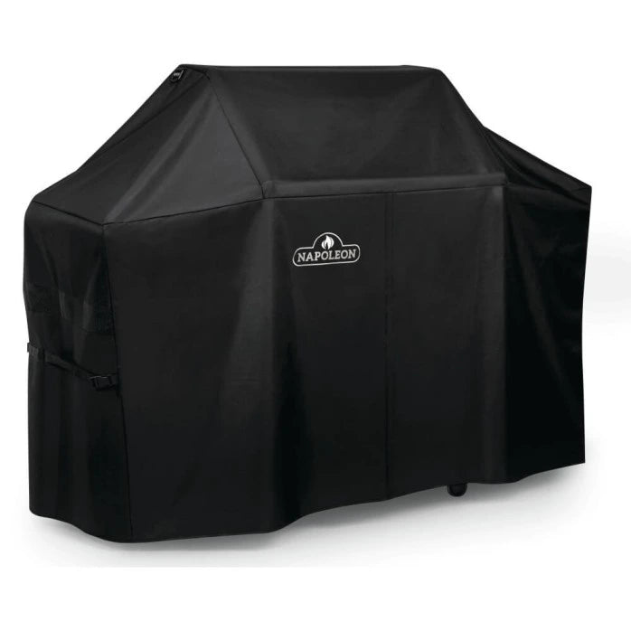 A close-up of the Napoleon Premium Grill Cover, highlighting the adjustable straps, ventilation vents, and durable fabric.