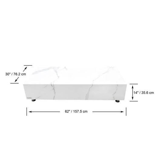 A diagram of the Elementi Home Bianco 62" rectangular marble porcelain coffee table, measuring 62 inches (157.5 cm) in length, 30 inches (76.2 cm) in width, and 14 inches (35.6 cm) in height.
