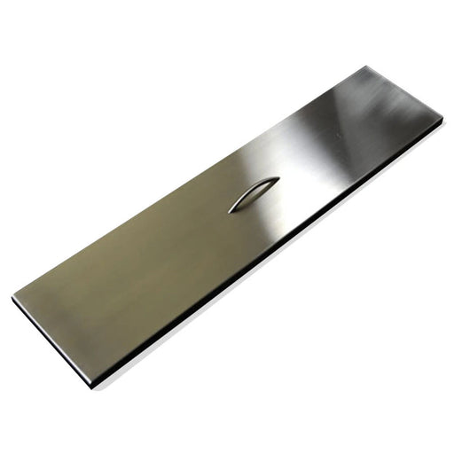 silver stainless steel rectangle fire pit lid with handle on a white background