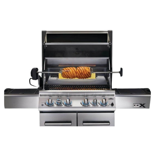 A visual representation of the Napoleon Heavy Duty Rotisserie Kit in action cooking a large, golden brown roast.