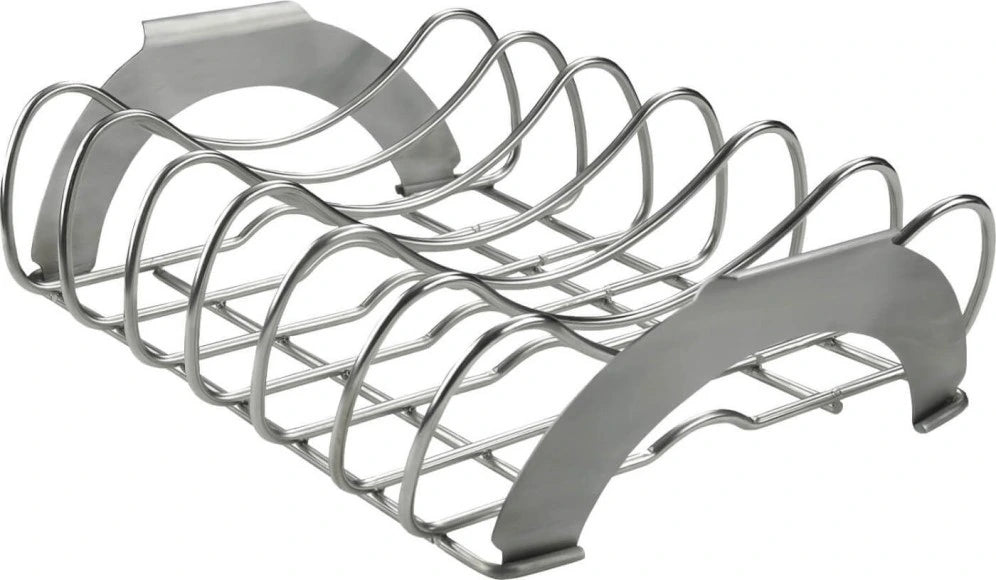 A stainless steel rib rack with multiple curved slots to hold individual ribs. The rack has two handles on the sides for easy lifting and placement on the grill.