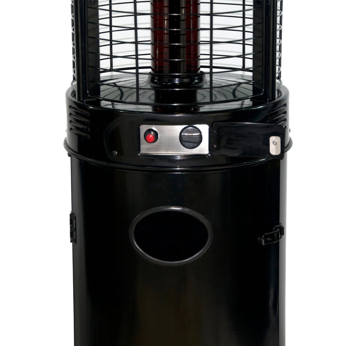 Close-up of the control panel on a black patio heater, showing a red ignition button, a black knob for flame adjustment, and a key slot for added security.