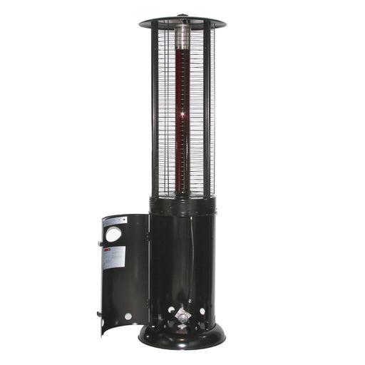 A stylish patio heater that provides warmth and ambiance to outdoor spaces. The door to the base allows easy access to the propane tank.