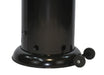 Close-up of two black wheels with metal brackets, attached to the base of a black patio heater for easy mobility.