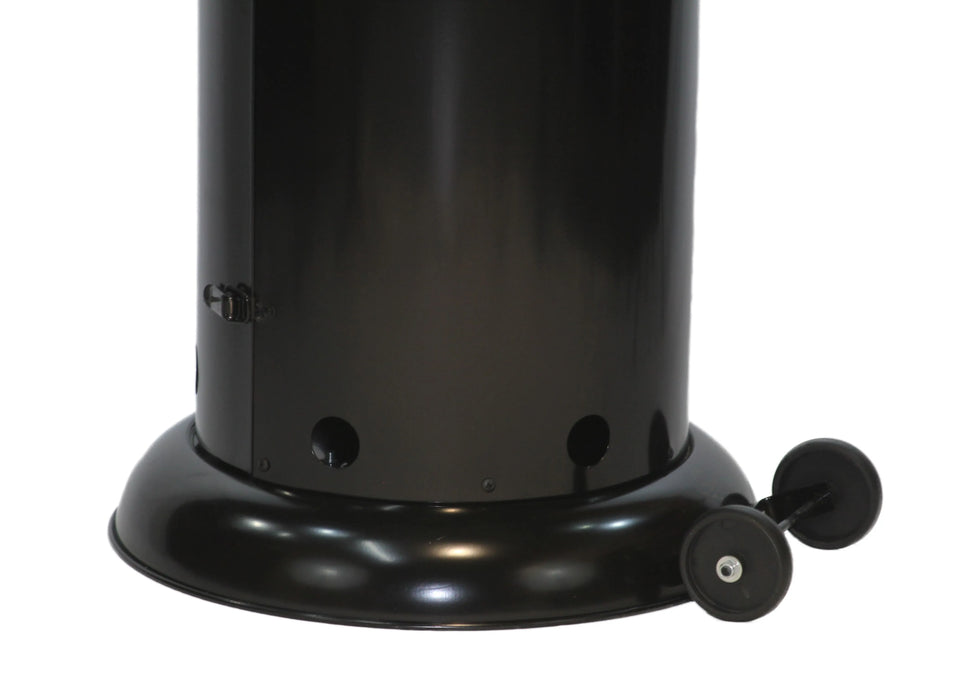 Close-up of two black wheels with metal brackets, attached to the base of a black patio heater for easy mobility.