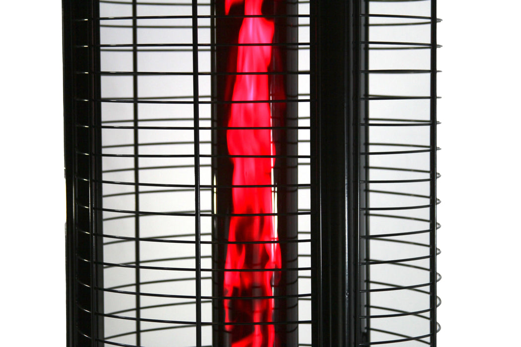 A detail shot highlighting the warm glow and sturdy construction of a propane patio heater.