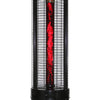 Close-up of a black patio heater with a mesh screen, showcasing the vibrant red flames within