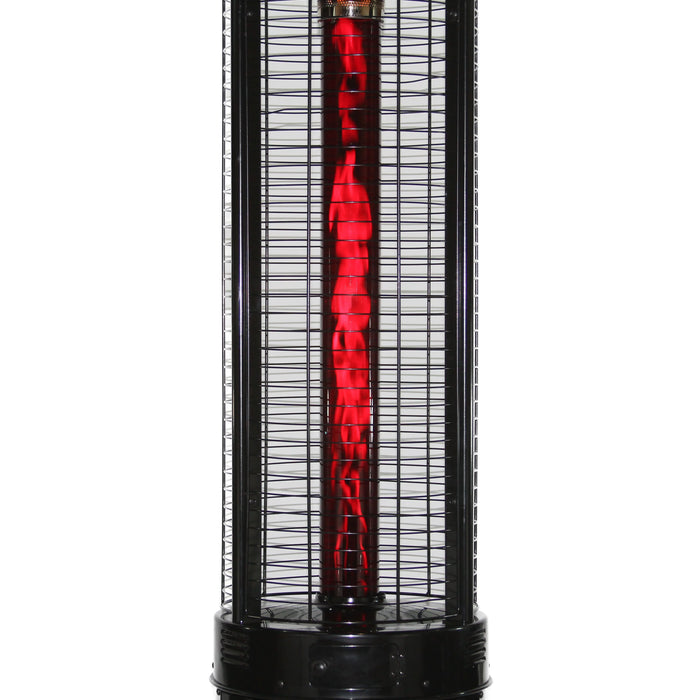 Close-up of a black patio heater with a mesh screen, showcasing the vibrant red flames within