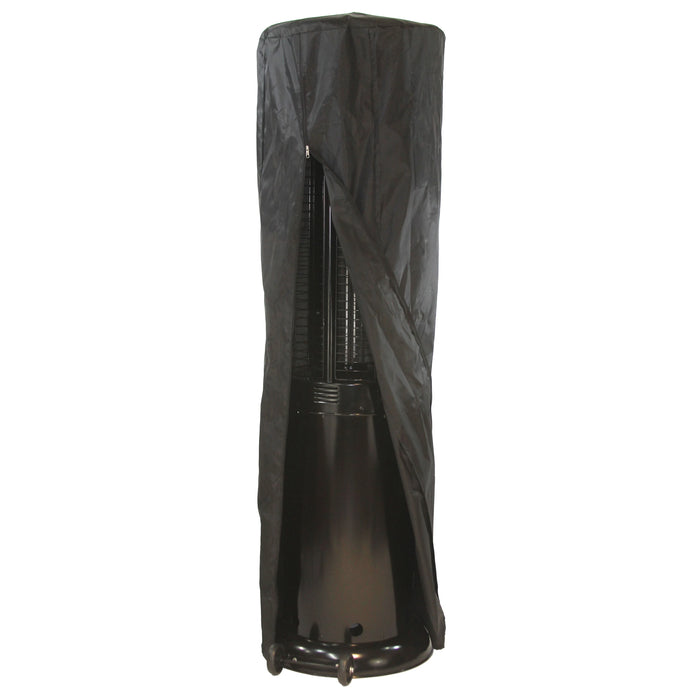 A black waterproof cover with a zipper, designed to fit over a patio heater for protection from rain, snow, and dust