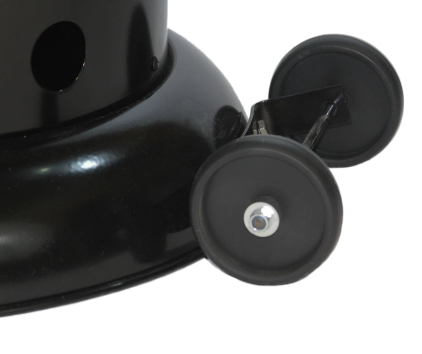 Close-up of two black wheels with metal brackets, attached to the base of a black patio heater for easy mobility