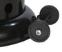 Close-up of two black wheels with metal brackets, attached to the base of a black patio heater for easy mobility