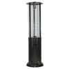 A black metal propane patio heater with a cylindrical base and a mesh screen. A red flame is visible inside the heater.