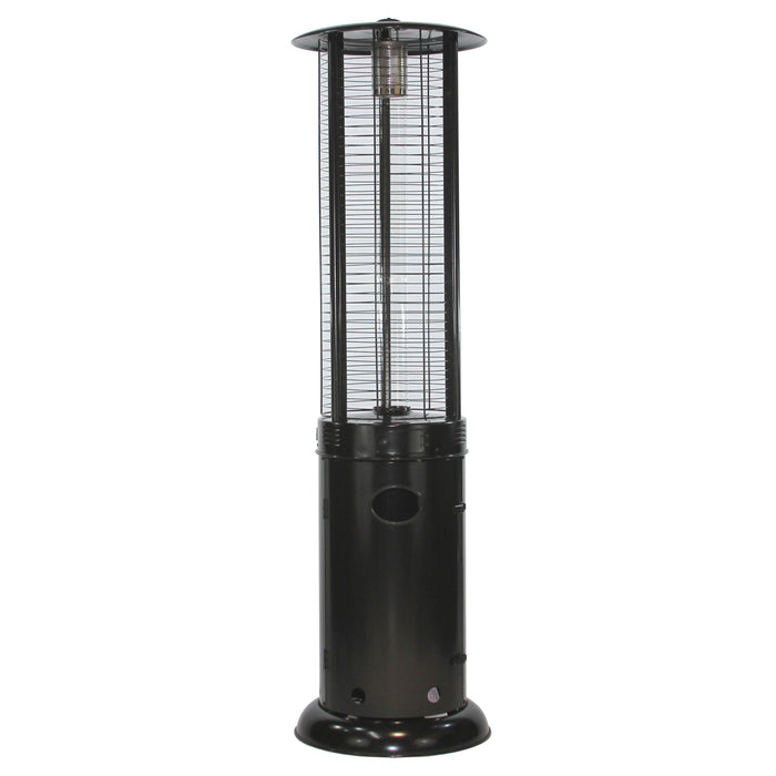 A black metal propane patio heater with a cylindrical base and a mesh screen. A red flame is visible inside the heater.