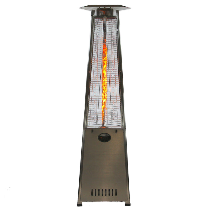 Stainless steel pyramid patio heater with a reflective heat shield and a visible propane flame.