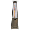 Stainless steel pyramid patio heater with a reflective heat shield and a propane tank base.