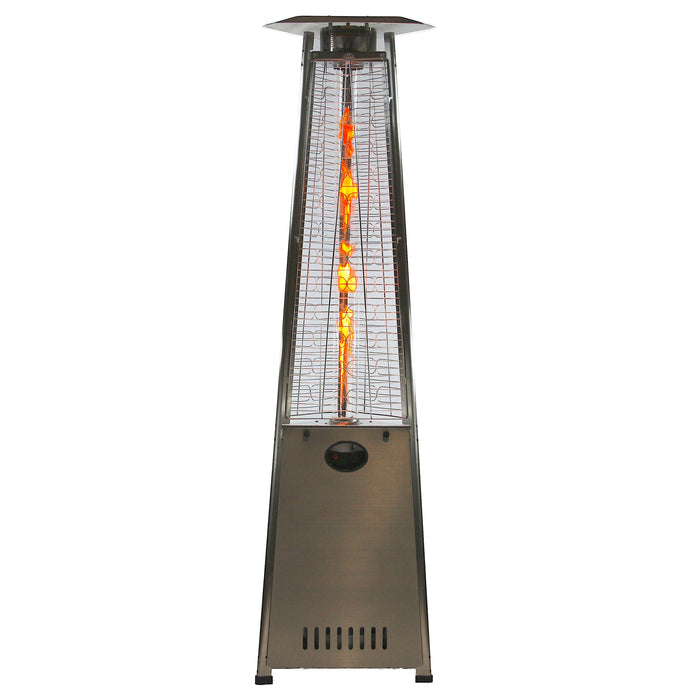 Stainless steel pyramid patio heater with a reflective heat shield and a propane tank base.