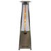 Stainless steel pyramid patio heater with a reflective heat shield and a propane tank base.