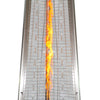 A close-up of a patio heater's glass shade with a warm, dancing flame inside.