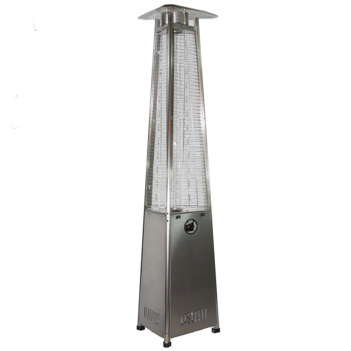 Stainless steel pyramid patio heater with a reflective heat shield.