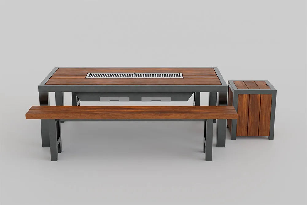 korean bbq grill table for patios and backyard with matching benches and propane tank cover on a white background