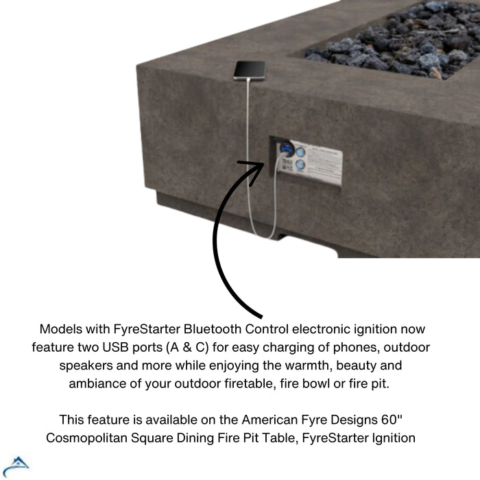 A photo of the American Fyre Designs 60" Cosmopolitan Square Dining Fire Pit Table highlighting the FyreStarter Bluetooth Control and integrated USB charging ports for convenient phone charging.