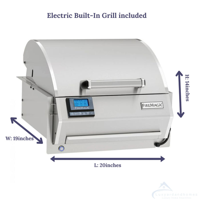 A close-up of a Fire Magic Electric Built-In Grill. The grill is made of stainless steel with a sleek, modern design. It has a digital control panel and a warming drawer. The grill is shown from a slightly angled perspective. Dimensions are provided: W: 19 inches, L: 20 inches, H: 14 inches. The text "Electric Built-In Grill included" is displayed above the image.