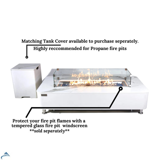 Elementi Marble Porcelain Fire Pit Table with a sleek design, featuring a tempered glass wind screen to protect the flames and a matching tank cover sold separately.