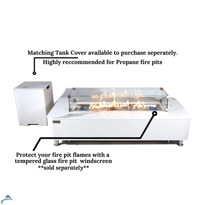 Elementi Marble Porcelain Fire Pit Table with a sleek design, featuring a tempered glass wind screen to protect the flames and a matching tank cover sold separately.