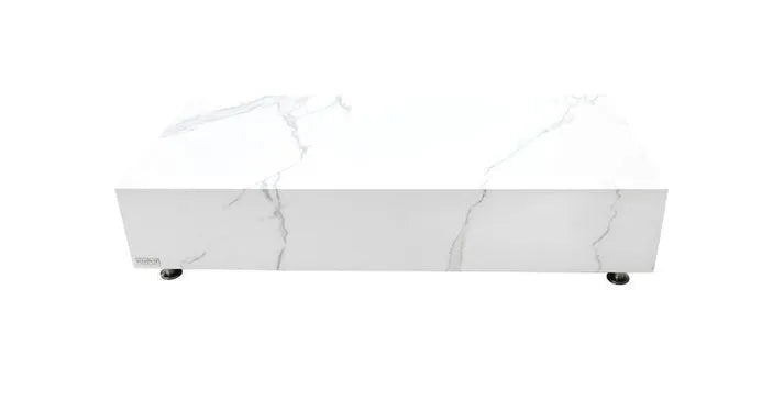 A rectangular coffee table with a white marble porcelain top featuring grey veining, and a white base.