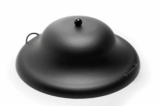A black aluminum fire pit cover with two handles and a ball finial on top. The cover is round and has a domed lid. It is designed to protect a fire pit from the elements.