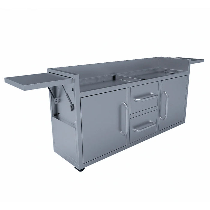 A stainless steel cart with two doors, two drawers, two folding side shelves, and wheels.