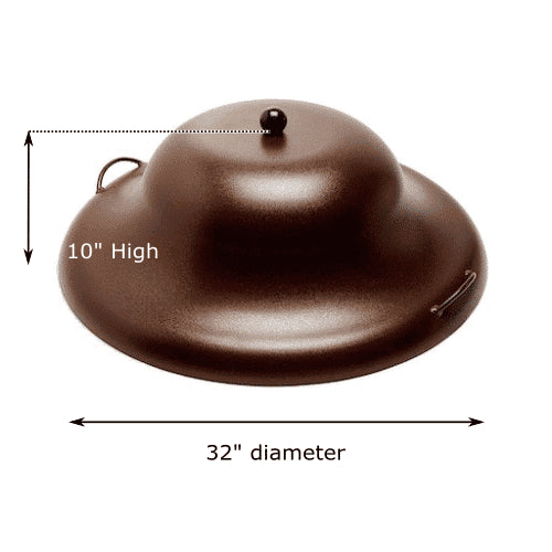  A copper aluminium fire pit cover with two handles and a ball finial on top. The cover is round and has a domed lid. It is designed to protect a fire pit from the elements. The cover is 32 inches in diameter and 10 inches high.