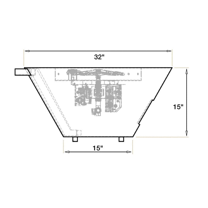 A black and white drawing of a table. The table has four legs and a rectangular tabletop. Text dimensions are written on the drawing: 32" length, 15" width and 15" height.