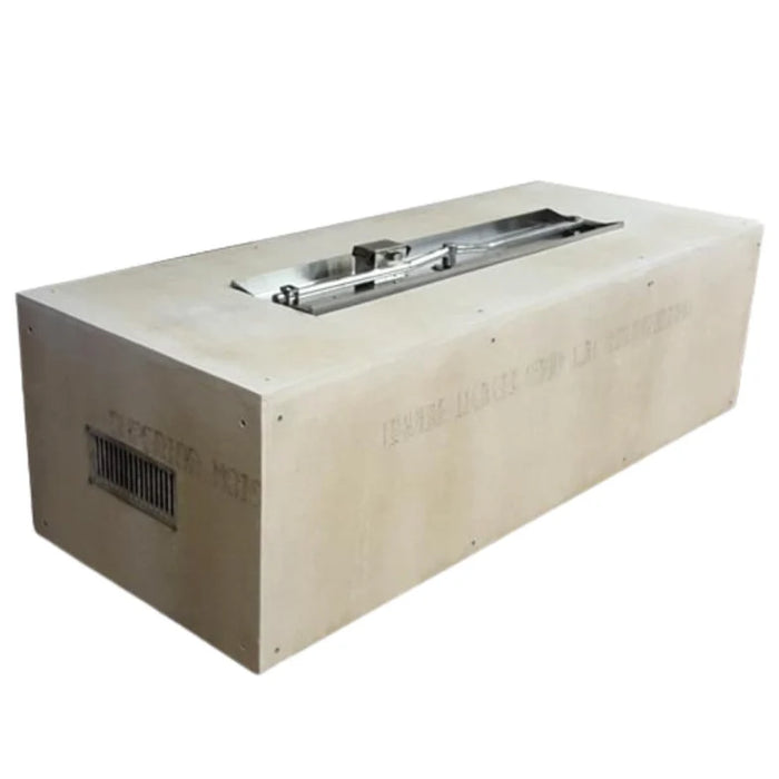 A white wooden box with a stainless steel fire pit insert. The fire pit insert is a rectangular metal tray with a burner in the center. The text on the box reads “HPC 60” x 24” Rectangle Interlink Enclosure Small Tank Series, Hpc Fire Inspired Diy Rectangle Enclosure Interlink Burner Insert