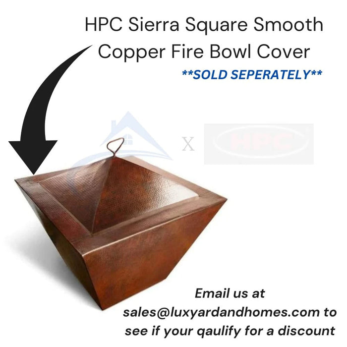 A copper fire bowl cover with a black knob handle on top. 