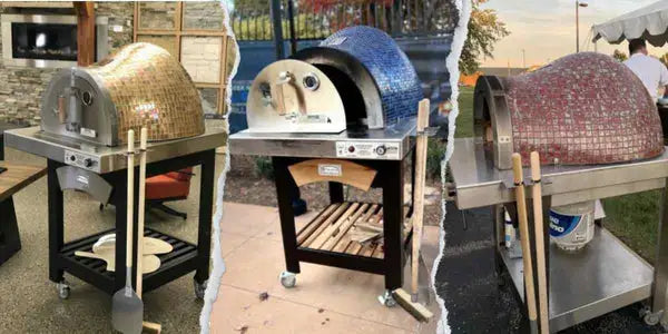 A collage of three mobile pizza ovens on wheels. From left to right, the first oven is red and dome-shaped, with a chimney. The second oven is stainless steel and rectangular, with a slanted front. The third oven is black and dome-shaped, with a small window and chimney. All three ovens have wheels and appear to be designed for outdoor use. The text “HPC Fire Forno De Pizza Series” is written in the bottom right corner of the image.