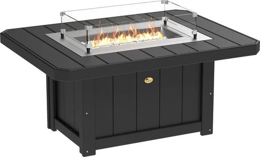 Modern outdoor black fire pit table with integrated storage and a sleek design