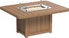 Square outdoor dining table made of weather-resistant wood-like material with a built-in fire pit and glass wind guard.
