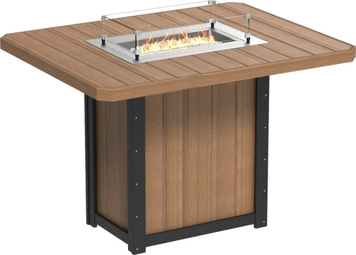 rectangular, wooden bar height fire pit table with a glass wind guard and a propane burner.