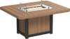 Square outdoor dining table made of weather-resistant wood-like material with a built-in fire pit and glass wind guard.