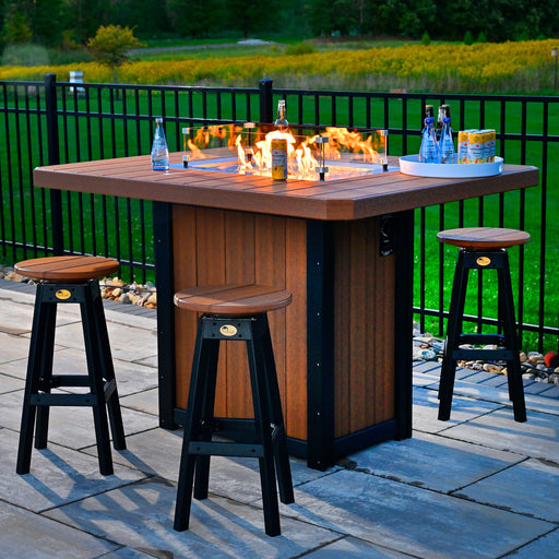 Outdoor entertaining set, a bar height fire pit table with fire pit table and bar stools.