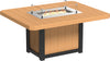 Square outdoor dining table made of weather-resistant tan material with a built-in fire pit and glass wind guard.