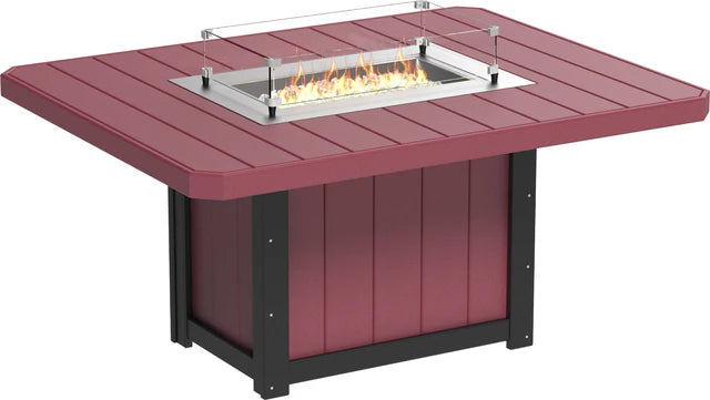 Durable outdoor fire pit table, perfect for entertaining guests. Features a weather-resistant design, glass wind guard, and propane-powered fire pit.