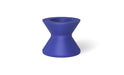 A blue, round pool side table with a wide base and a slightly tapered top.