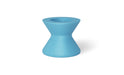A light blue, round poolside table with a wide base and a slightly tapered top.